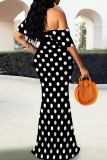 Red Elegant Polka Dot Patchwork Backless Off Shoulder Long Dresses
