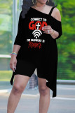 Matte Black Casual Street Letter Print Smiley Face Print Irregular Sloping Shoulder Plus Size Two Pieces