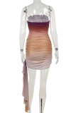 Colour Sexy Gradient Color Patchwork Backless Ruched Strapless Wrapped Skirt Dresses