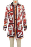 Coffee Sexy Print Pocket Buckle Buttons Patchwork Turndown Collar Long Sleeve Two Pieces