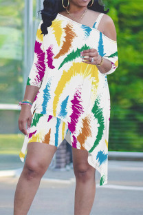 White Casual Street Gradient Leopard Stripe Splashed ink printing Contrast Sloping Shoulder Plus Size Two Pieces