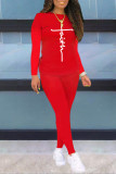Red Casual Street Letter Print O Neck Long Sleeve Two Pieces