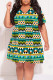 Green Casual National Totem Geometric Print Contrast V Neck Printed Plus Size Dresses