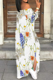 White Blue Casual Street Floral Print Slit Contrast Off Shoulder Printed Dresses