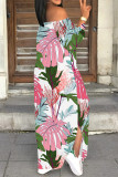 White Blue Casual Street Floral Print Slit Contrast Off Shoulder Printed Dresses