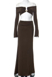 Brown Elegant Solid Color Patchwork Backless Off Shoulder Long Sleeve Two Pieces
