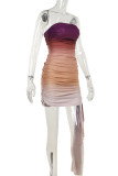 Colour Sexy Gradient Color Patchwork Backless Ruched Strapless Wrapped Skirt Dresses