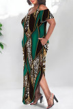 Colour Casual Leopard Camouflage Faux Denim Print Pocket Contrast U Neck Printed Plus Size Dresses