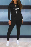 Red Casual Street Letter Print O Neck Long Sleeve Two Pieces