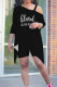 Matte Black Casual Street Letter Print Smiley Face Print Irregular Sloping Shoulder Plus Size Two Pieces