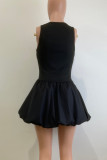 Black Sexy Solid Color Hollow Out Patchwork O Neck A Line Dresses