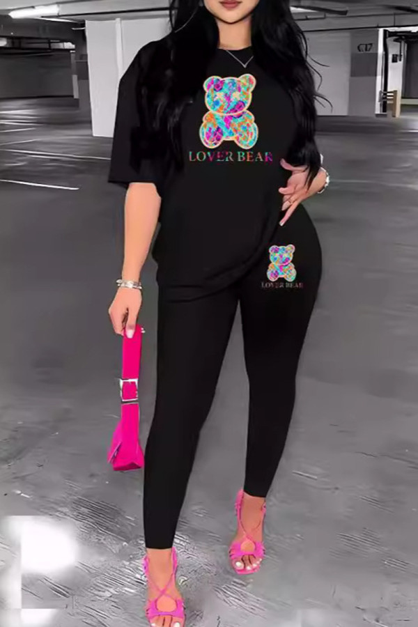 Black Casual Print Patchwork O Neck Short Sleeve Two Pieces