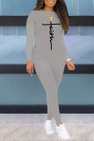 Red Casual Street Letter Print O Neck Long Sleeve Two Pieces