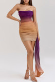 Colour Sexy Gradient Color Patchwork Backless Ruched Strapless Wrapped Skirt Dresses