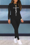 Red Casual Street Letter Print O Neck Long Sleeve Two Pieces