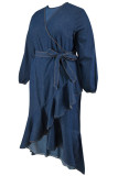 Deep Blue Elegant Solid Color Patchwork Strap Design Ruffled Trim V Neck Irregular Plus Size Dresses