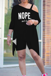Black Gray Casual Street Letter Print Smiley Face Print Irregular Sloping Shoulder Plus Size Two Pieces