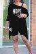 Black Gray Casual Street Letter Print Smiley Face Print Irregular Sloping Shoulder Plus Size Two Pieces