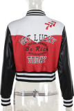 Red Street Print Buckle Patchwork Mandarin Collar Outerwear