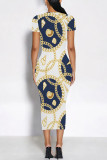 White Elegant Floral Print Chain print O Neck Printed Dresses