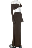 Brown Elegant Solid Color Patchwork Backless Off Shoulder Long Sleeve Two Pieces