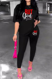 Black Casual Letters Patchwork O Neck Short Sleeve Two Pieces