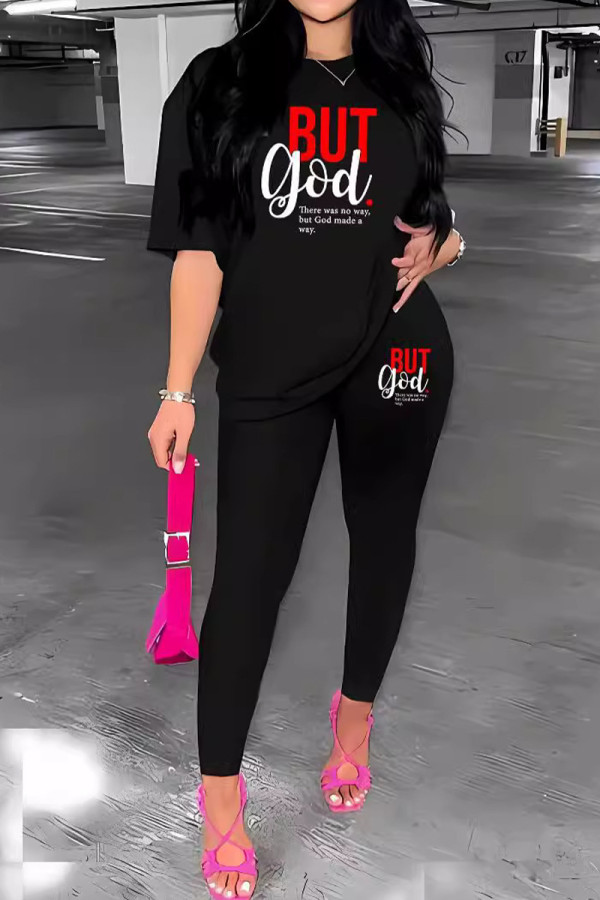 Black Casual Letters Patchwork O Neck Short Sleeve Two Pieces