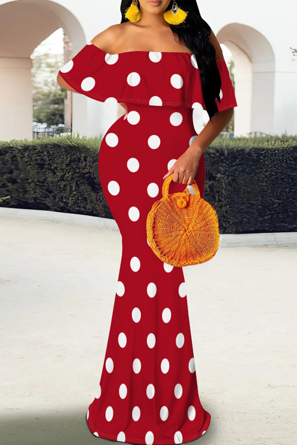 Red Elegant Polka Dot Patchwork Backless Off Shoulder Long Dresses