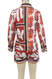 Coffee Sexy Print Pocket Buckle Buttons Patchwork Turndown Collar Long Sleeve Two Pieces