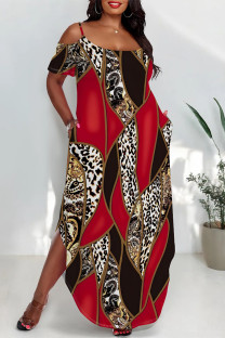 Red Casual Leopard Camouflage Faux Denim Print Pocket Contrast U Neck Printed Plus Size Dresses