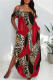 Red Casual Leopard Camouflage Faux Denim Print Pocket Contrast U Neck Printed Plus Size Dresses