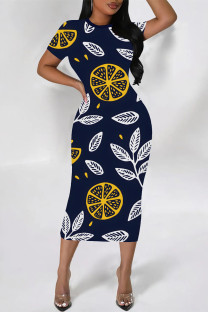 Dark Blue Elegant Floral Print Chain print O Neck Printed Dresses