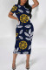 Dark Blue Elegant Floral Print Chain print O Neck Printed Dresses