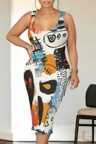 Cream White Casual Graffiti Print Rhombus U Neck Printed Dresses