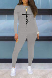 Red Casual Street Letter Print O Neck Long Sleeve Two Pieces