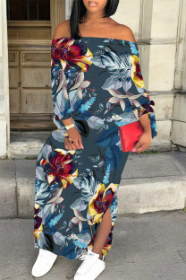 Blue Casual Street Floral Print Slit Contrast Off Shoulder Printed Dresses