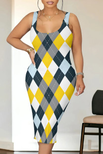 Blue Yellow Casual Graffiti Print Rhombus U Neck Printed Dresses