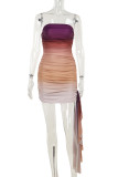 Colour Sexy Gradient Color Patchwork Backless Ruched Strapless Wrapped Skirt Dresses