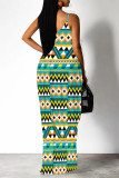 Dark Blue Sexy Geometric Print Pocket Contrast V Neck Printed Dresses