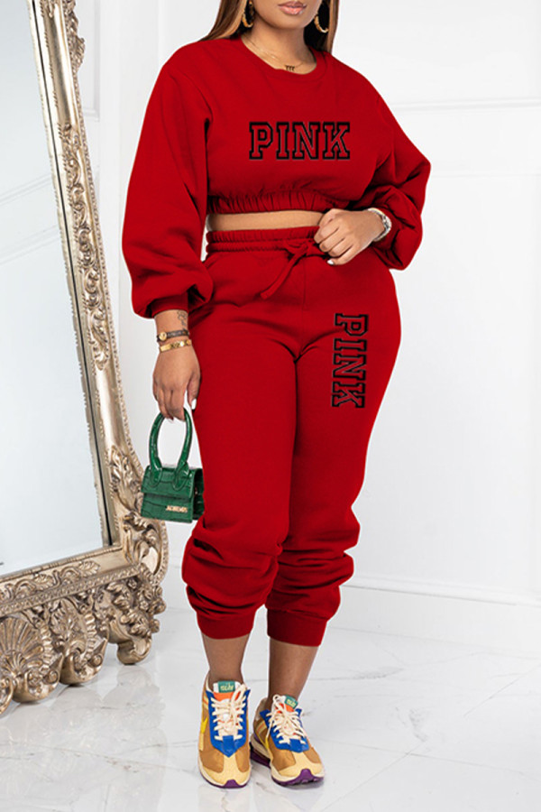 Red Casual Daily Letter Print O Neck Long Sleeve Two Pieces