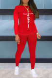 Red Casual Street Letter Print O Neck Long Sleeve Two Pieces