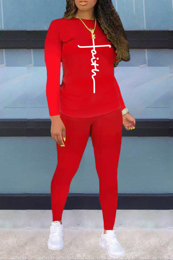 Red Casual Street Letter Print O Neck Long Sleeve Two Pieces