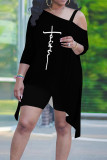 Matte Black Casual Street Letter Print Smiley Face Print Irregular Sloping Shoulder Plus Size Two Pieces