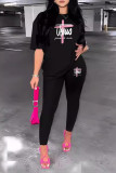 Black Casual Print Patchwork O Neck Short Sleeve Two Pieces