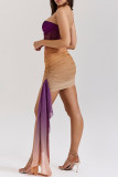 Colour Sexy Gradient Color Patchwork Backless Ruched Strapless Wrapped Skirt Dresses