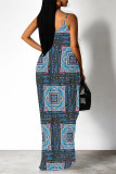 Dark Blue Sexy Geometric Print Pocket Contrast V Neck Printed Dresses