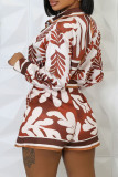 Coffee Sexy Print Pocket Buckle Buttons Patchwork Turndown Collar Long Sleeve Two Pieces
