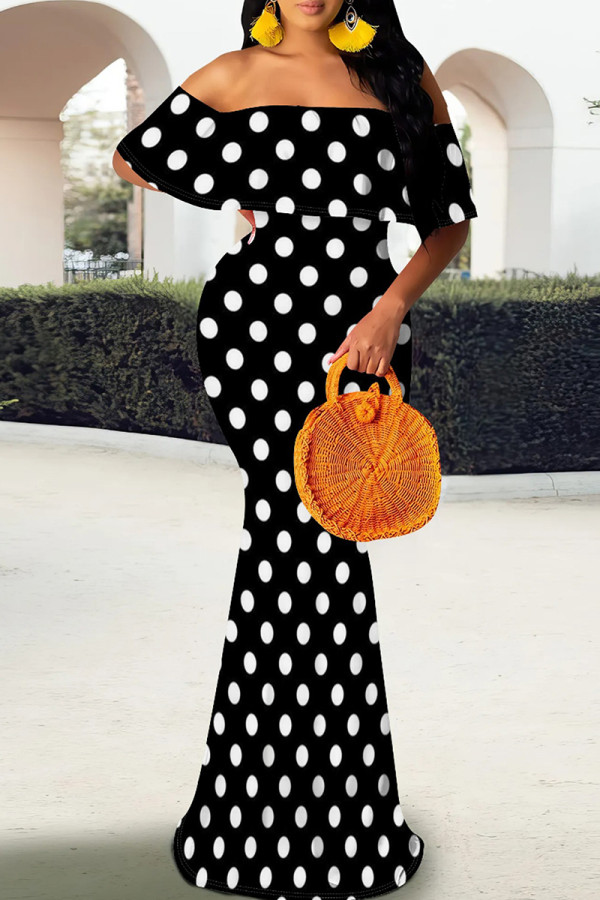 Black Elegant Polka Dot Patchwork Backless Off Shoulder Long Dresses
