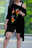 Matte Black Casual Street Letter Print Smiley Face Print Irregular Sloping Shoulder Plus Size Two Pieces