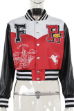 Red Street Print Buckle Patchwork Mandarin Collar Outerwear